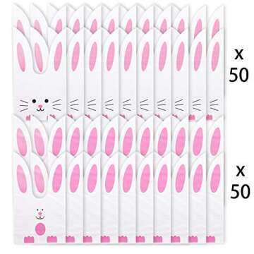 Shindel 100PCS Cute Easter Goodie Bags, 9 x 5.1 Inch Bunny Treat Bags for Cookie Snack Packaging Supplies