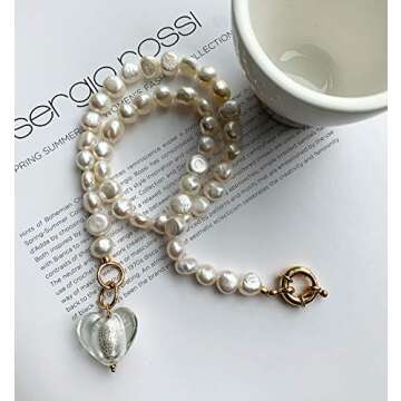 YorzAhar Pearl Charm Necklace,White Murano Glass Heart Pendant Necklace,Natural Freshwater Baroque Pearl Necklace for Women Pearl Jewelry