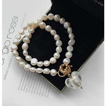 YorzAhar Pearl Charm Necklace,White Murano Glass Heart Pendant Necklace,Natural Freshwater Baroque Pearl Necklace for Women Pearl Jewelry