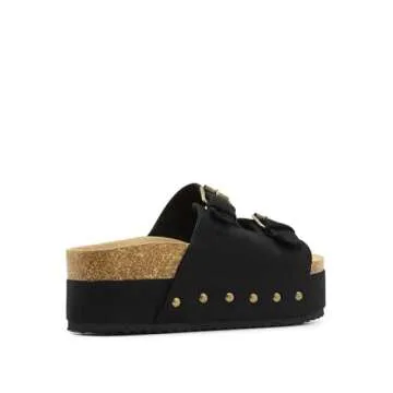 ATBELL Women's Cork Footbed Flatform Sandals Comfort Platform Slides Sandal with Dual Buckled Straps Open Toe Suede Clogs Fashion Studded Heeled Slippers Black