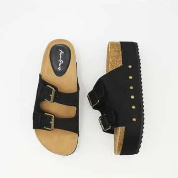 ATBELL Women's Cork Footbed Flatform Sandals Comfort Platform Slides Sandal with Dual Buckled Straps Open Toe Suede Clogs Fashion Studded Heeled Slippers Black