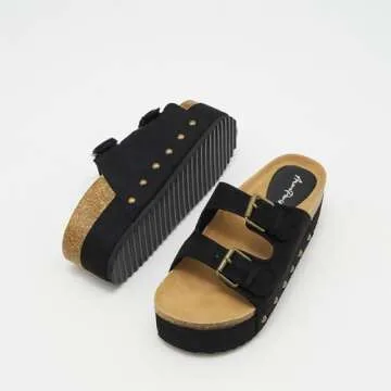 ATBELL Women's Cork Footbed Flatform Sandals Comfort Platform Slides Sandal with Dual Buckled Straps Open Toe Suede Clogs Fashion Studded Heeled Slippers Black