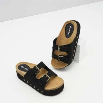 ATBELL Women's Cork Footbed Flatform Sandals Comfort Platform Slides Sandal with Dual Buckled Straps Open Toe Suede Clogs Fashion Studded Heeled Slippers Black
