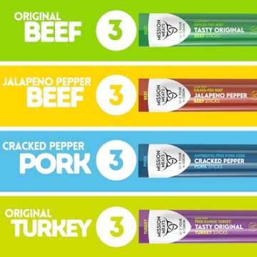 Mission Meats Variety Pack with 100% Grass Fed Beef, Free Range Turkey, and Cracked Pepper Pork Sticks – Gluten & Sugar Free, Whole 30 and Paleo Friendly, 1oz (Pack of 12)