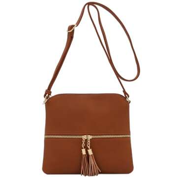 DELUXITY Lightweight Medium Crossbody Bag with Tassel (Tan)