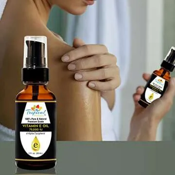 Tropical Holistic Vitamin E Oil, 100% Pure Max Strength 75,000 IU Vitamin E, Antioxidant Rich Skincare Oil for Face, Hair, Body & Nails, 2 oz