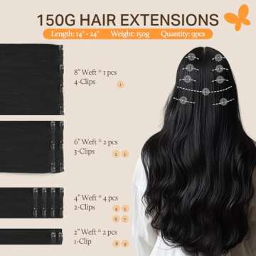 DOORES Clip in Hair Extensions Real Human Hair, Jet Black 150g 9pcs 20 Inch, Human Hair Extensions R...
