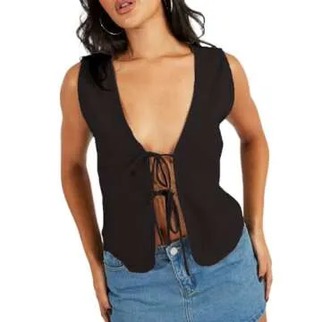 Tsultryofs Women's Vintage Bow Tie Front Vest Sleeveless Deep V Neck Tank Tops Y2K Summer Streetwear