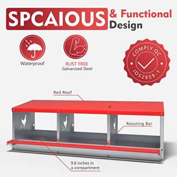 Kinchoix Chicken Nesting Boxes, 3 Compartment Metal Poultry Nest Box Wall Mount for Chickens, Hens, Ducks, Chicken Coop Easy Egg Collection, with Large Vented Holes(3 Compartment)