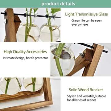 Mozing Bulb Vase, Desktop Clear Glass Planter Bulb Vase with Solid Wooden Stand and Metal Swivel Holder for Hydroponics Plants Home Garden Wedding Decoration(No Included Plants)