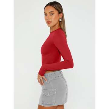 Trendy Queen Womens Long Sleeve Crop Tops Basic Slim Fitted Shirts Casual Fashion 2025 Going Out Y2k Tops Teen Girl Clothes Red S
