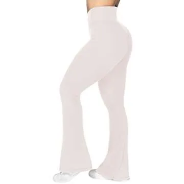 Sunzel Flare Leggings, Crossover Yoga Pants for Women with Tummy Control, High-Waisted and Wide Leg Beige