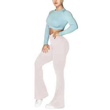 Sunzel Flare Leggings, Crossover Yoga Pants for Women with Tummy Control, High-Waisted and Wide Leg Beige