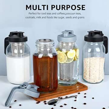 Cold Brew Coffee Maker Pitcher - 64oz Iced Coffee Maker with Stainless Steel Mixing Spoon & Super Dense Filter 3 Steps Finish, Classic BPA Free Sturdy Mason jar Pitcher with Gray Lid Easy to Clean