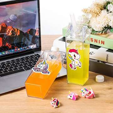 2 Pieces Milk Carton Water Bottle and 4 Cute Unicorn Rings with 10 Unicorn Stickers, Clear Square Milk Bottles No BPA Portable Water Bottle for Outdoor Sports Travel Camping Activities (500 ml)