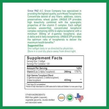 A.C. Grace Company UNIQUE E Mixed Tocopherols 120 Soft Gels, Supports Healthy Brain Function, General Health, and Aging Support, All-Natural Vitamin E and Kosher