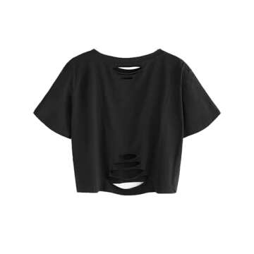 Remidoo Womens Graphic Crop Top T Shirt Ripped Short Sleeve Sun and Moon Print Tee Black Small