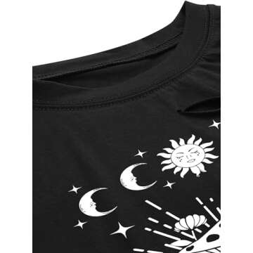 Remidoo Womens Graphic Crop Top T Shirt Ripped Short Sleeve Sun and Moon Print Tee Black Small