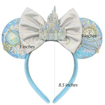 Bolonar Hairband for Women Adult Blue Sequin Mouse Ears Headband with Castle Bows for Park Ears