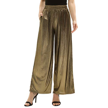 Comfort Polyester Stretchy Pockets Wide Leg Pants Trouser Size S Golden CL916-2