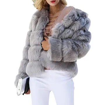 Simplee Women Luxury Winter Warm Fluffy Faux Fur Short Coat Jacket Parka Outwear (Gray 14)