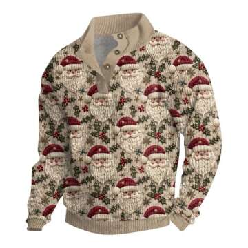 Christmas Sweaters for Men, Long Sleeve Pullover Vintage Casual Graphic Button Corduroy Stand Collar...