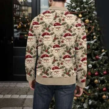 Christmas Sweaters for Men, Long Sleeve Pullover Vintage Casual Graphic Button Corduroy Stand Collar Ugly Christmas Sweater Funny Christmas Shirt Funny Christmas Ugly Sweater
