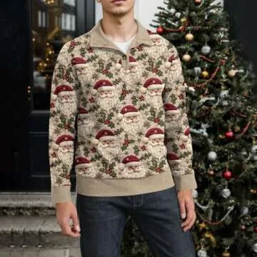 Christmas Sweaters for Men, Long Sleeve Pullover Vintage Casual Graphic Button Corduroy Stand Collar Ugly Christmas Sweater Funny Christmas Shirt Funny Christmas Ugly Sweater