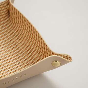 OLETHA Small Foldable Valet Tray - Aesthetic Desk Organizer for Home, Office & Travel - Portable Catch All Bowl for Keys, Scrunchie & Jewelry - Rattan Textured, Beige