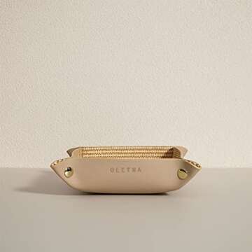 OLETHA Small Foldable Valet Tray - Aesthetic Desk Organizer for Home, Office & Travel - Portable Catch All Bowl for Keys, Scrunchie & Jewelry - Rattan Textured, Beige