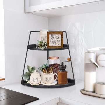 PICKKROSS 2 Tier Bathroom Counter Organizer, Wood Bathroom Organizer Countertop, Corner Storage Shelf Counter Standing Rack, Cosmetic Vanity Tray Kitchen Spice Rack, Bathroom Storage Decor