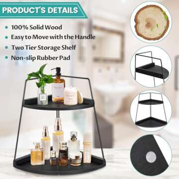 PICKKROSS 2 Tier Bathroom Counter Organizer, Wood Bathroom Organizer Countertop, Corner Storage Shelf Counter Standing Rack, Cosmetic Vanity Tray Kitchen Spice Rack, Bathroom Storage Decor