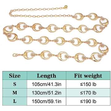Glamorstar Chain Belts for Women Hollow Metal Waist Chain Belts Dress Belt for Her Circle Crystal Moon Gold 150CM