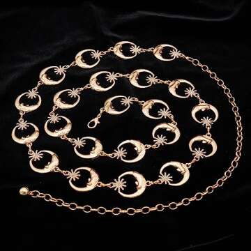 Glamorstar Chain Belts for Women Hollow Metal Waist Chain Belts Dress Belt for Her Circle Crystal Moon Gold 150CM