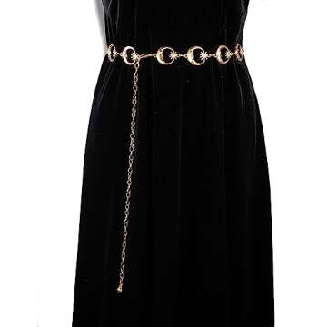 Glamorstar Chain Belts for Women Hollow Metal Waist Chain Belts Dress Belt for Her Circle Crystal Moon Gold 150CM
