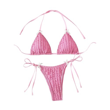 GORGLITTER Women's Sexy Lace Striped Solid Swimsuit 2 Piece Halter Triangle Top Ring Linked Bikini S...