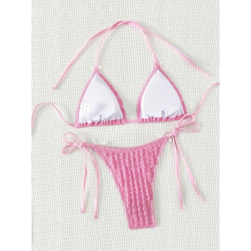 GORGLITTER Women's Sexy Lace Striped Bikini Set - Pink Medium