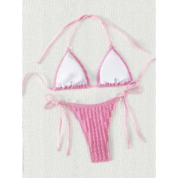 GORGLITTER Women's Sexy Lace Striped Bikini Set - Pink Medium