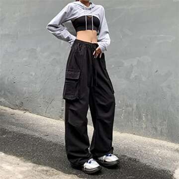 Linsennia Parachute Pants for Womens Wide Leg Cargo Pants Y2k with Pockets Baggy Casual Harajuku Str...