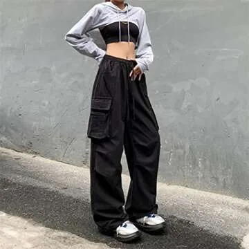 Linsennia Parachute Pants for Womens Wide Leg Cargo Pants Y2k with Pockets Baggy Casual Harajuku Str...
