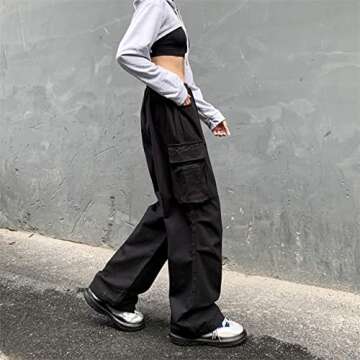 Linsennia Parachute Pants for Womens Wide Leg Cargo Pants Y2k with Pockets Baggy Casual Harajuku Streetwear Goth