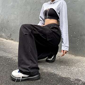 Linsennia Parachute Pants for Womens Wide Leg Cargo Pants Y2k with Pockets Baggy Casual Harajuku Streetwear Goth