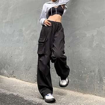 Linsennia Parachute Pants for Womens Wide Leg Cargo Pants Y2k with Pockets Baggy Casual Harajuku Streetwear Goth