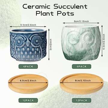 Domensi 12 Pack Owl Succulent Pots Mini Ceramic Planter with Drainage Hole and Bamboo Tray Mini Owl ...