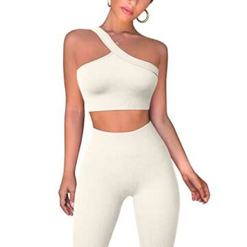 OQQ Workout Outfits for Women 2 Piece Ribbed Exercise One Shoulder Tops High Waist Leggings Active Yoga Set Beige