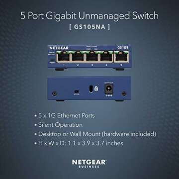 NETGEAR 5-Port Gigabit Ethernet Unmanaged Switch (GS105NA) - Desktop or Wall Mount, and Limited Lifetime Protection Gray