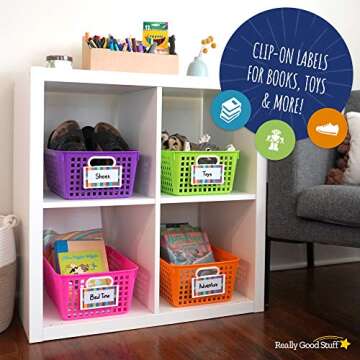 Really Good Stuff 161347 Multi Purpose Storage Baskets and Clip On Labels Set -13"x 10" -5 Pack Neon