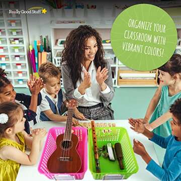 Really Good Stuff 161347 Multi Purpose Storage Baskets and Clip On Labels Set -13"x 10" -5 Pack Neon