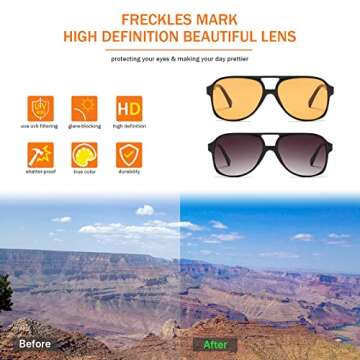 Freckles Mark Vintage Retro 70s Sunglasses for Women Men Classic Large Square Aviator Trendy Glasses (2P: Yellow & Black)
