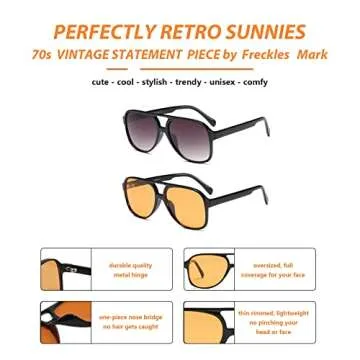 Freckles Mark Vintage Retro 70s Sunglasses for Women Men Classic Large Square Aviator Trendy Glasses (2P: Yellow & Black)